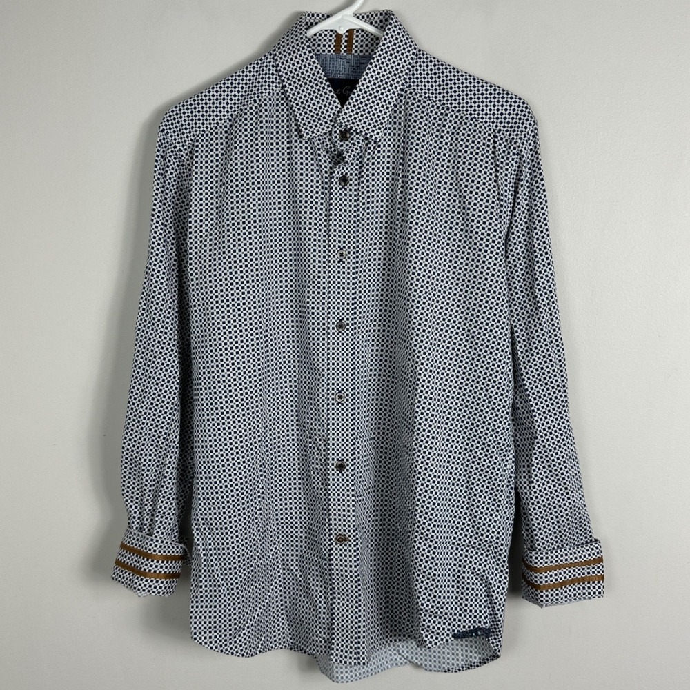 Robert Graham Mens Button Down Shirt Medium Blue Print Flip Cuff Long Sleeve